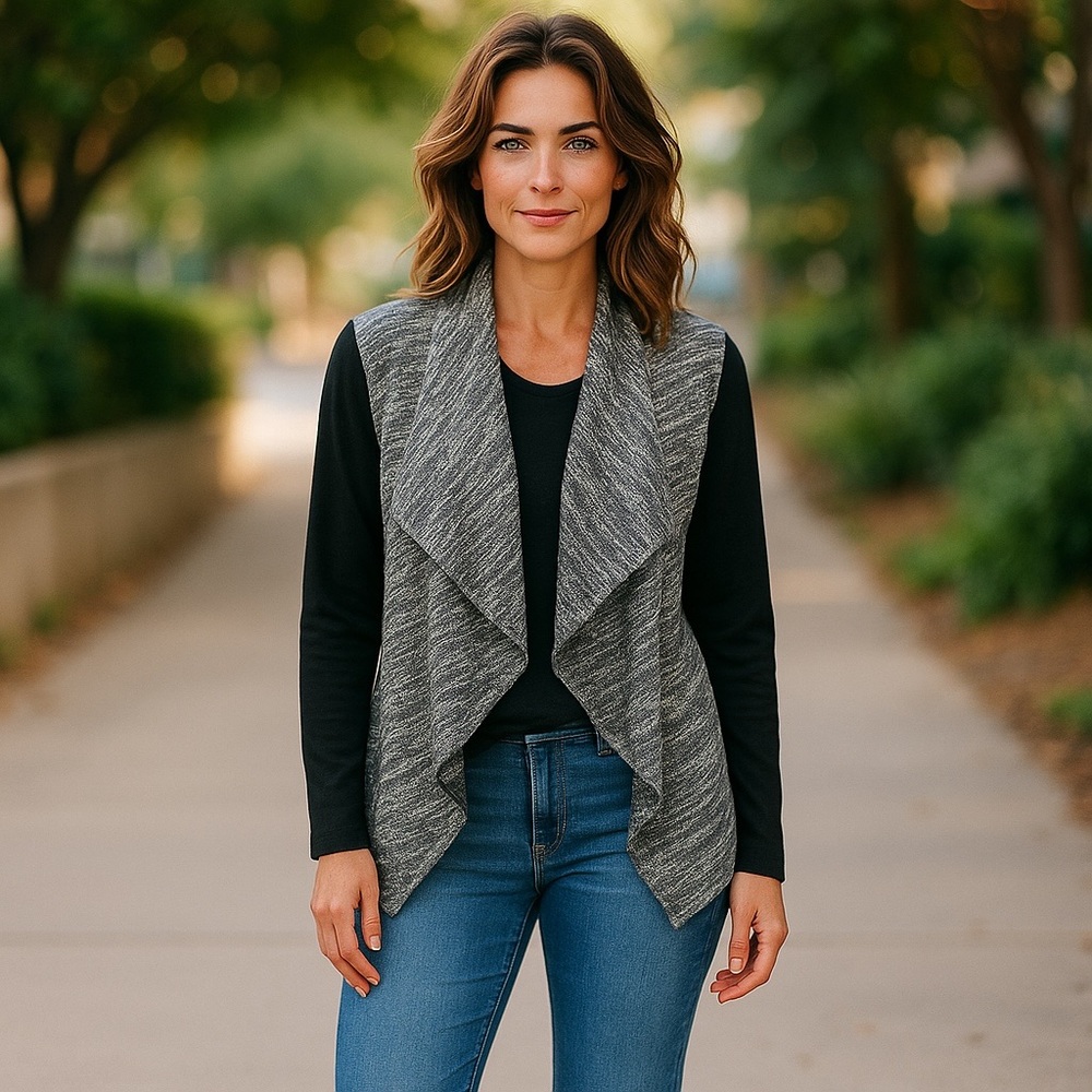 Bobeau Gray & Black Open Front Cardigan long sleeve large